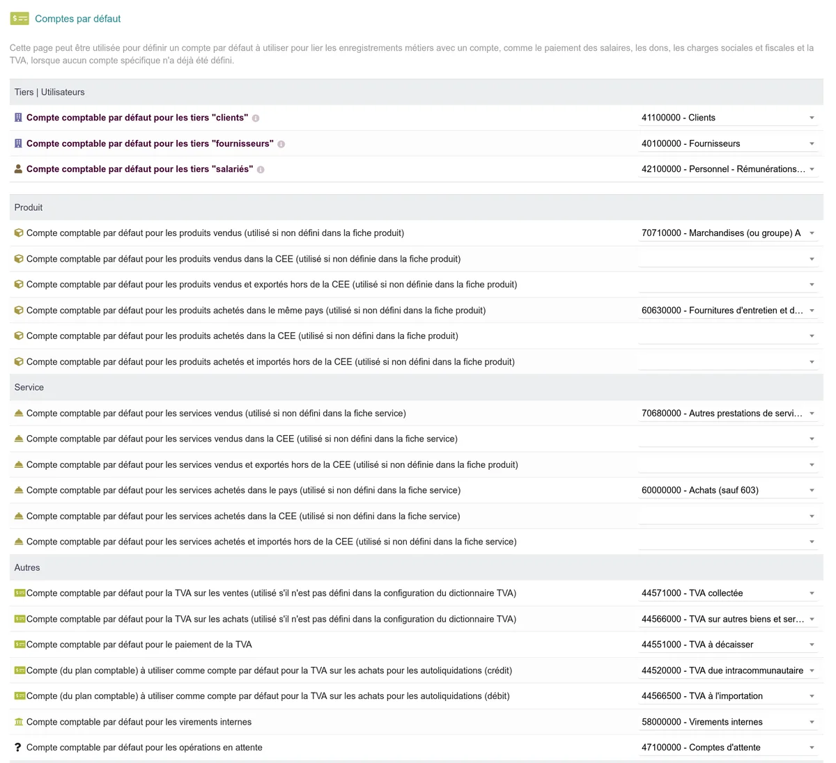 Écran de configuration des comptes comptables par défaut dans Dolibarr