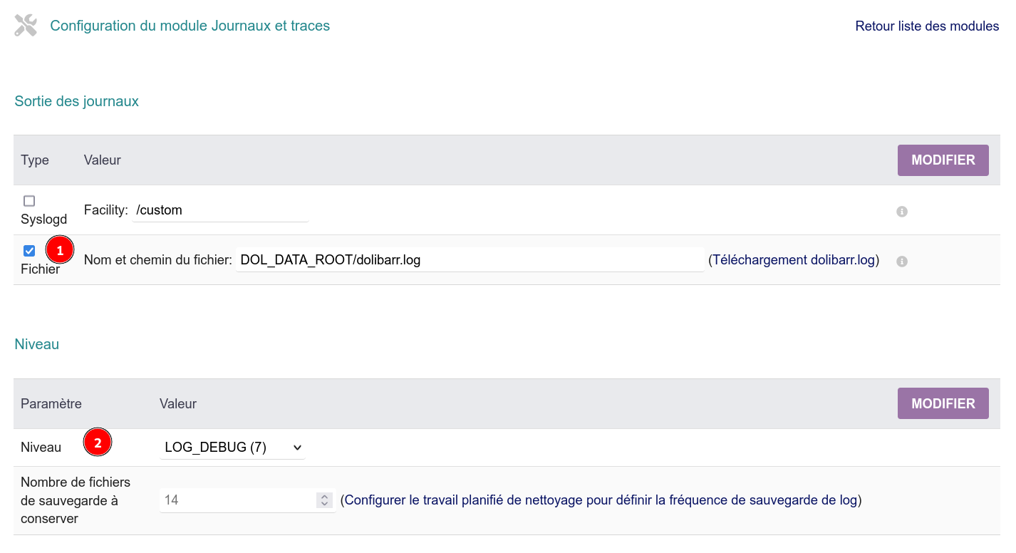 Configuration du module de debug