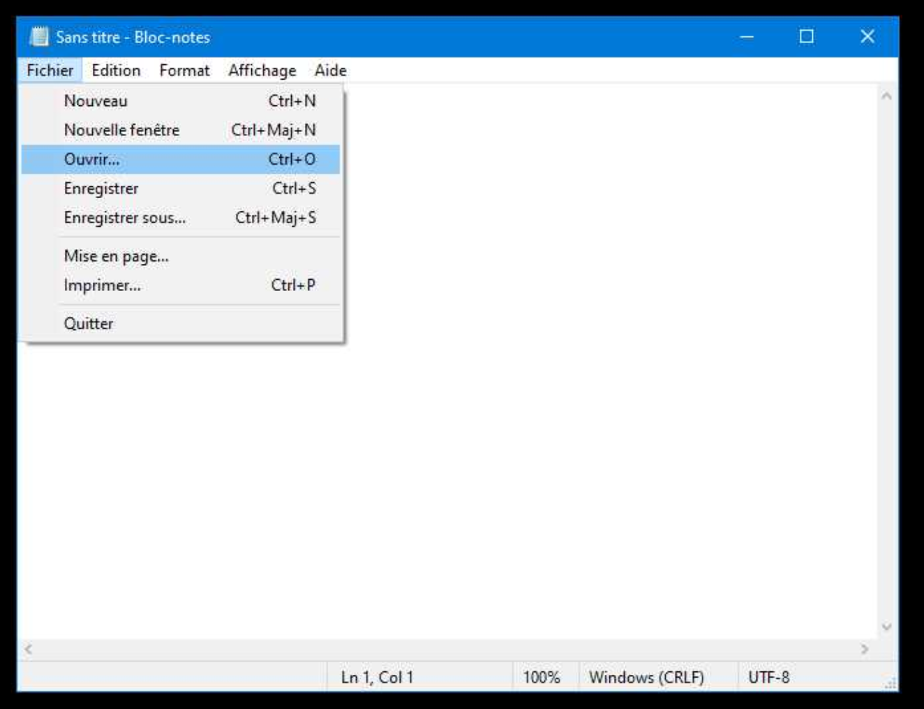 Lancez le bloc-notes Windows (en tant qu'administrateur), puis allez dans le menu Fichier / Ouvrir