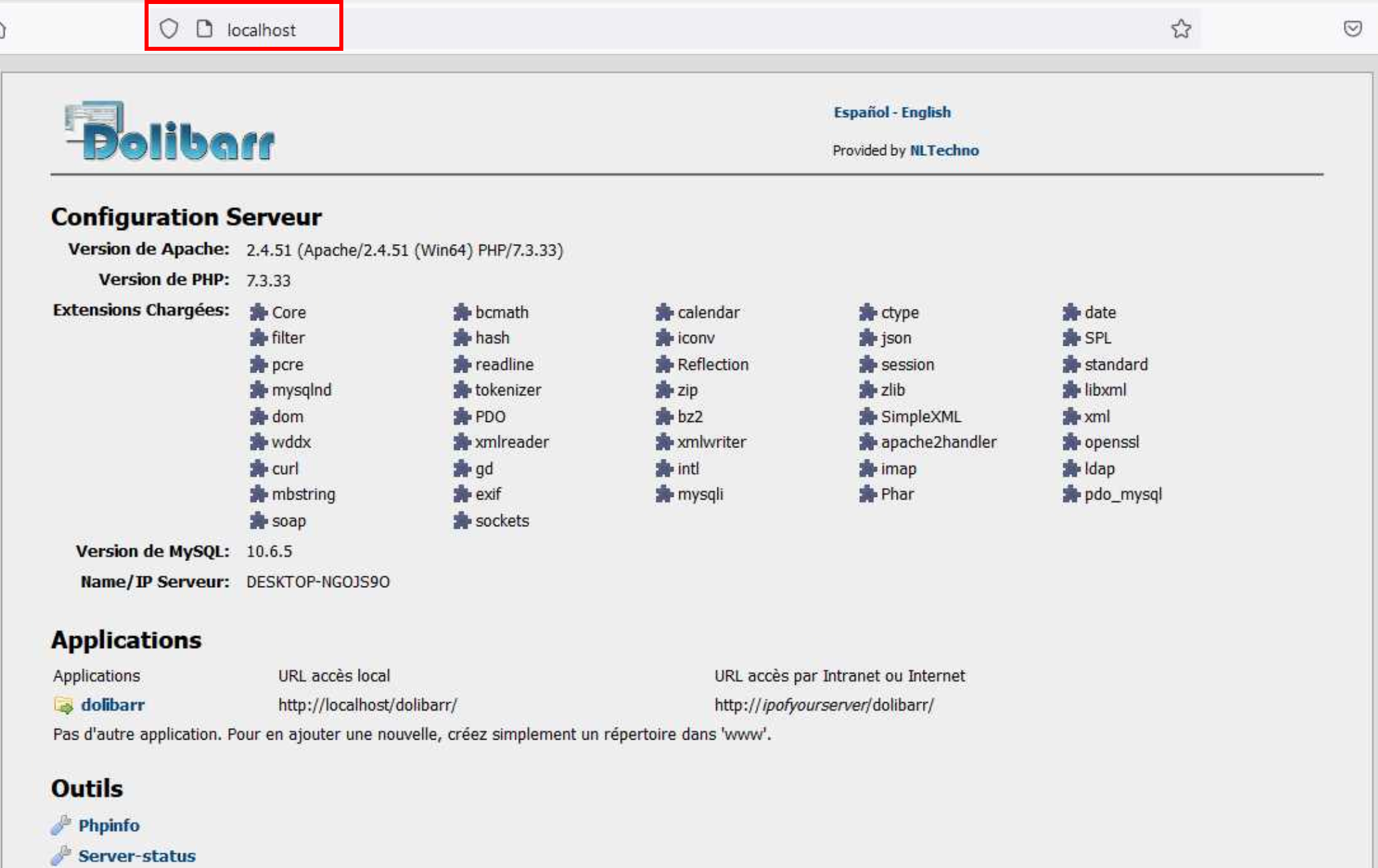 Ouvrez votre navigateur sur la page http://localhost, cliquez sur phpinfo et vérifiez dans la liste des modules que fileinfo est absent