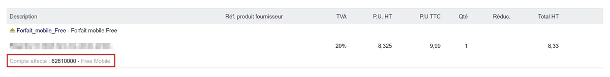 Lignes d'une facture fournisseur avec leur compte comptable d'achat associé