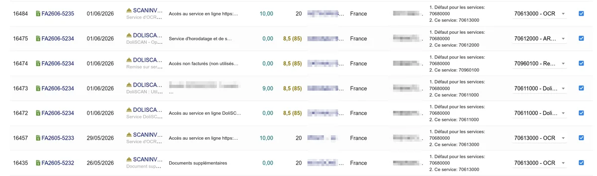 Écran de liaison comptable listant les lignes de factures à rattacher à un compte