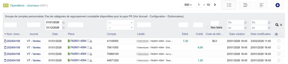 Livre-journal affichant les écritures générées par le transfert en comptabilité