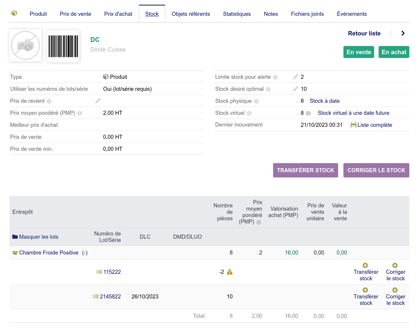 Fiche produit - configuration du stock