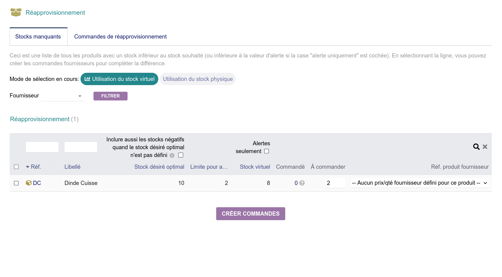 Gestion automatique des réappro à faire (commandes fournisseurs)