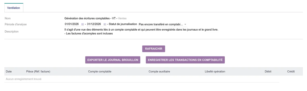 Écran de transfert en comptabilité avec sélection de la période et des journaux