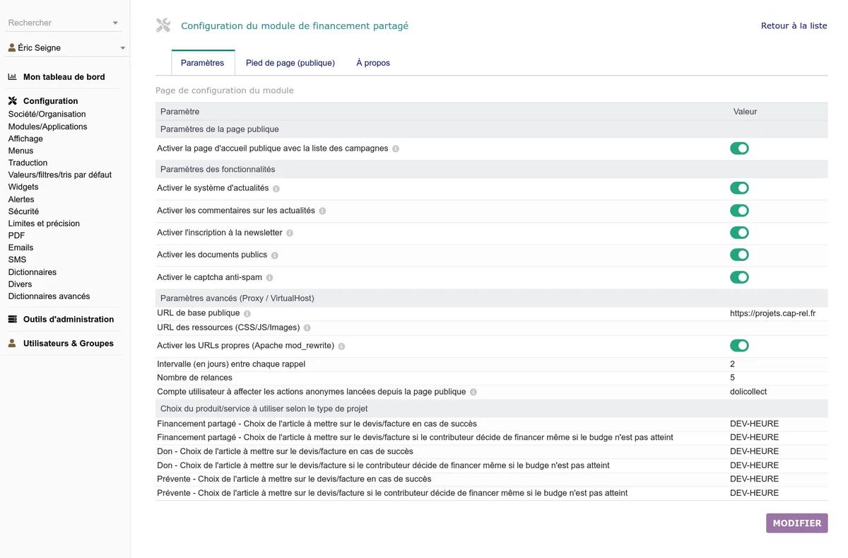 Onglets de configuration du module DoliCollect dans Dolibarr