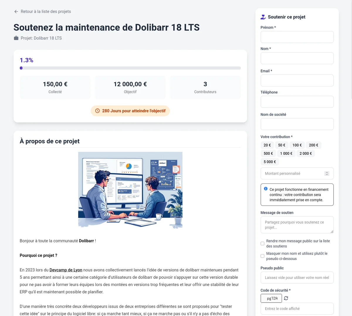 Page publique d'une campagne DoliCollect avec barre de progression et formulaire de participation