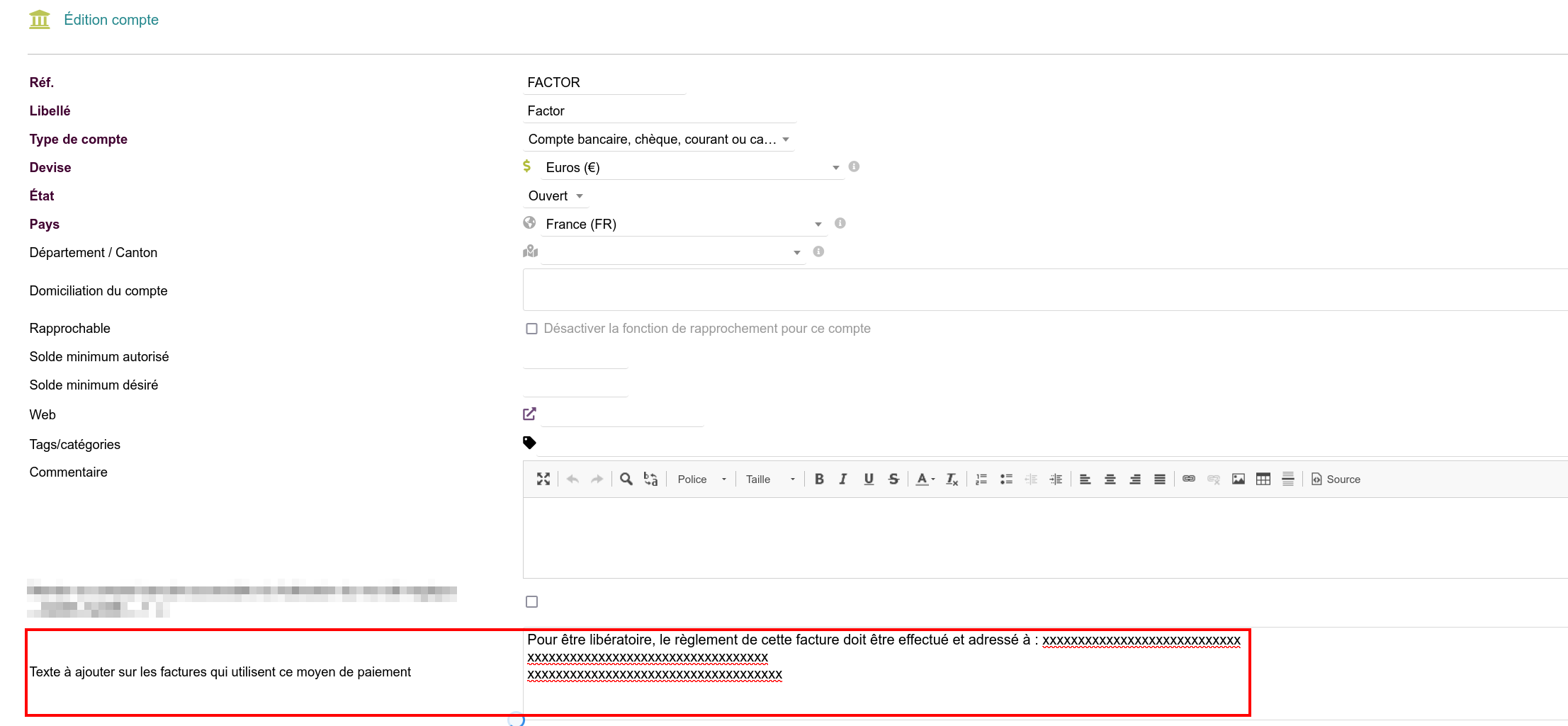 Configuration du compte banque de votre factor avec les mentions obligatoires