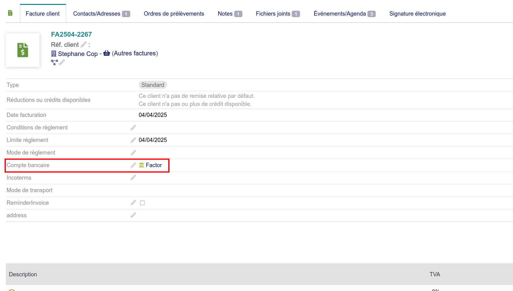 Facture avec le mode de paiement Factor sélectionné