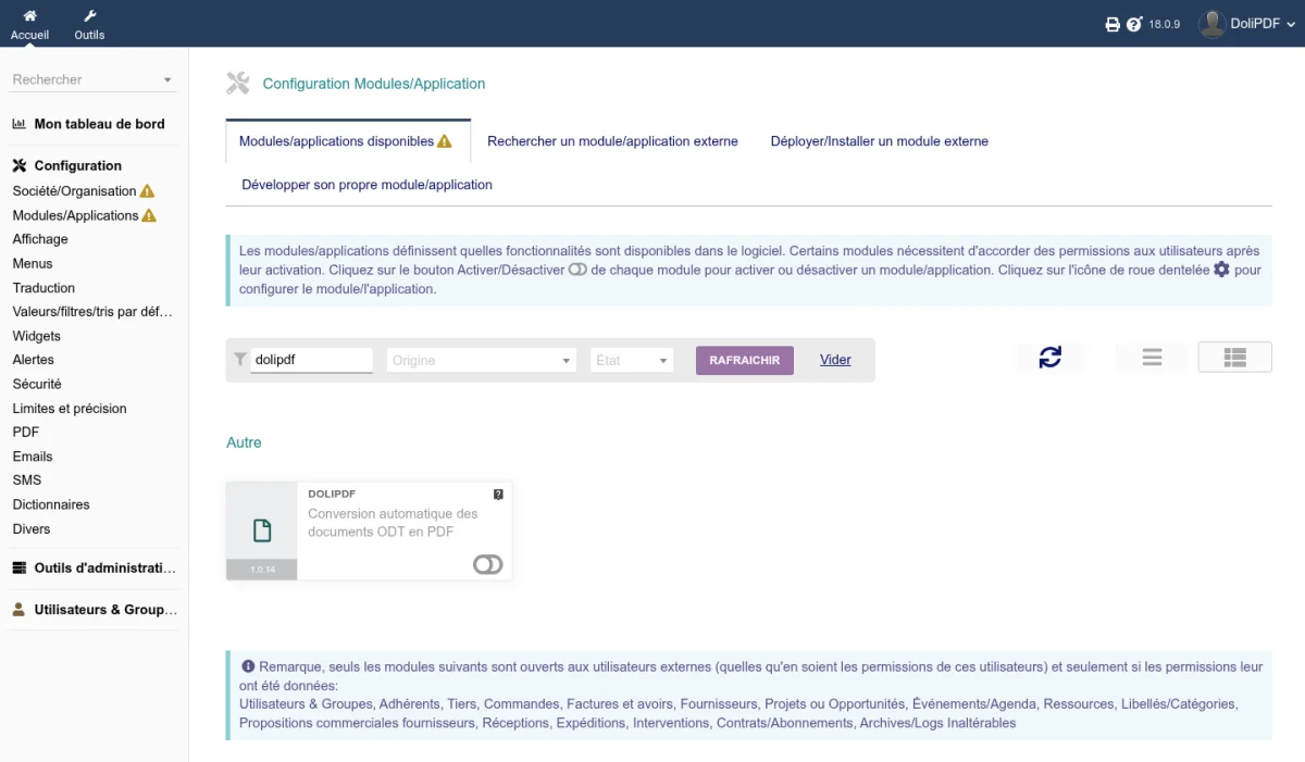 Page d'activation du module DoliPDF dans la liste des modules Dolibarr