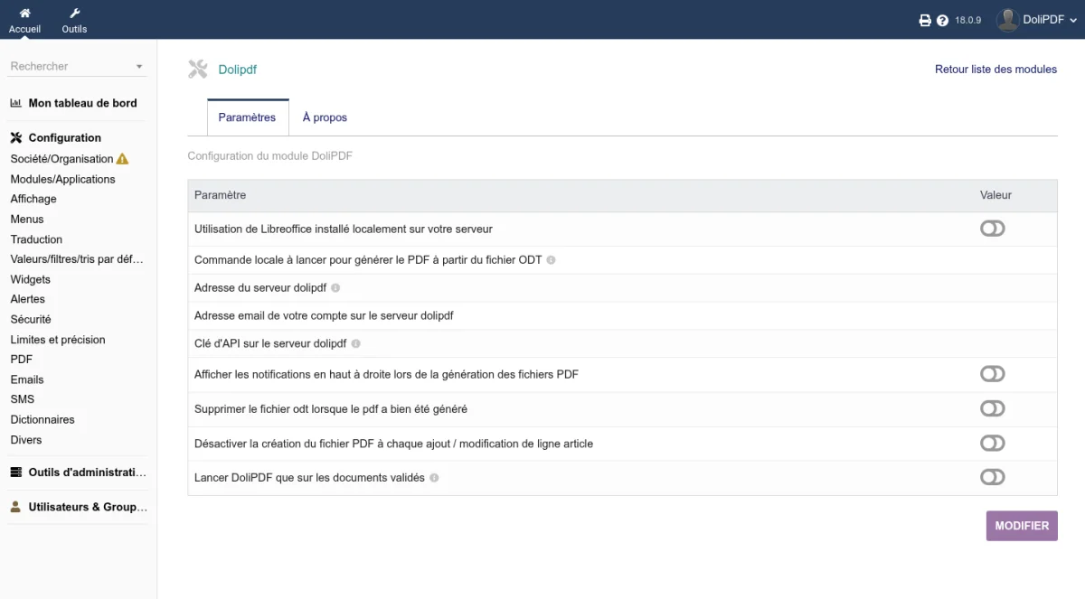 Page de configuration du module DoliPDF avec les paramètres de conversion