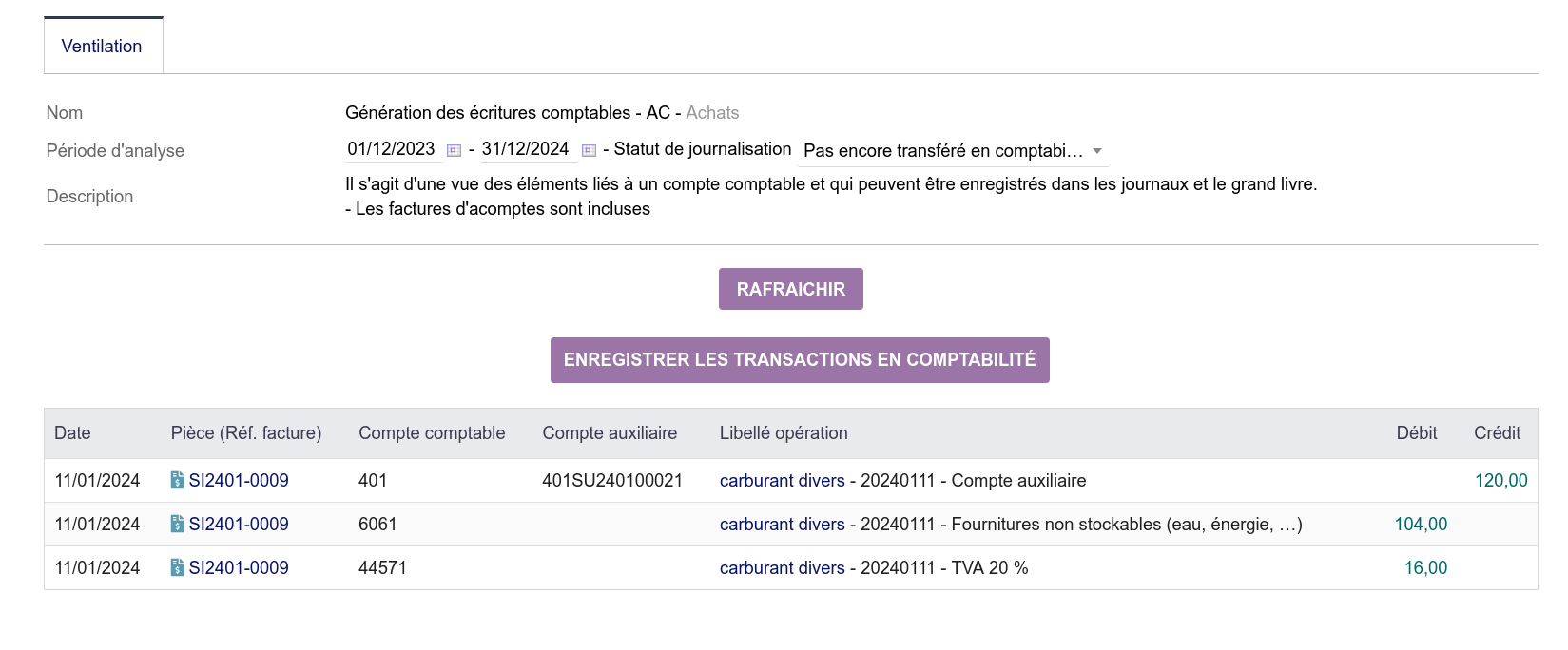 Versement en compta de la facture fournisseur spéciale avec 80% de récupération de TVA