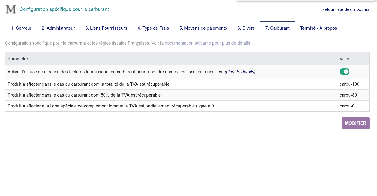 Option et configuration du module pour le cas particulier du carburant