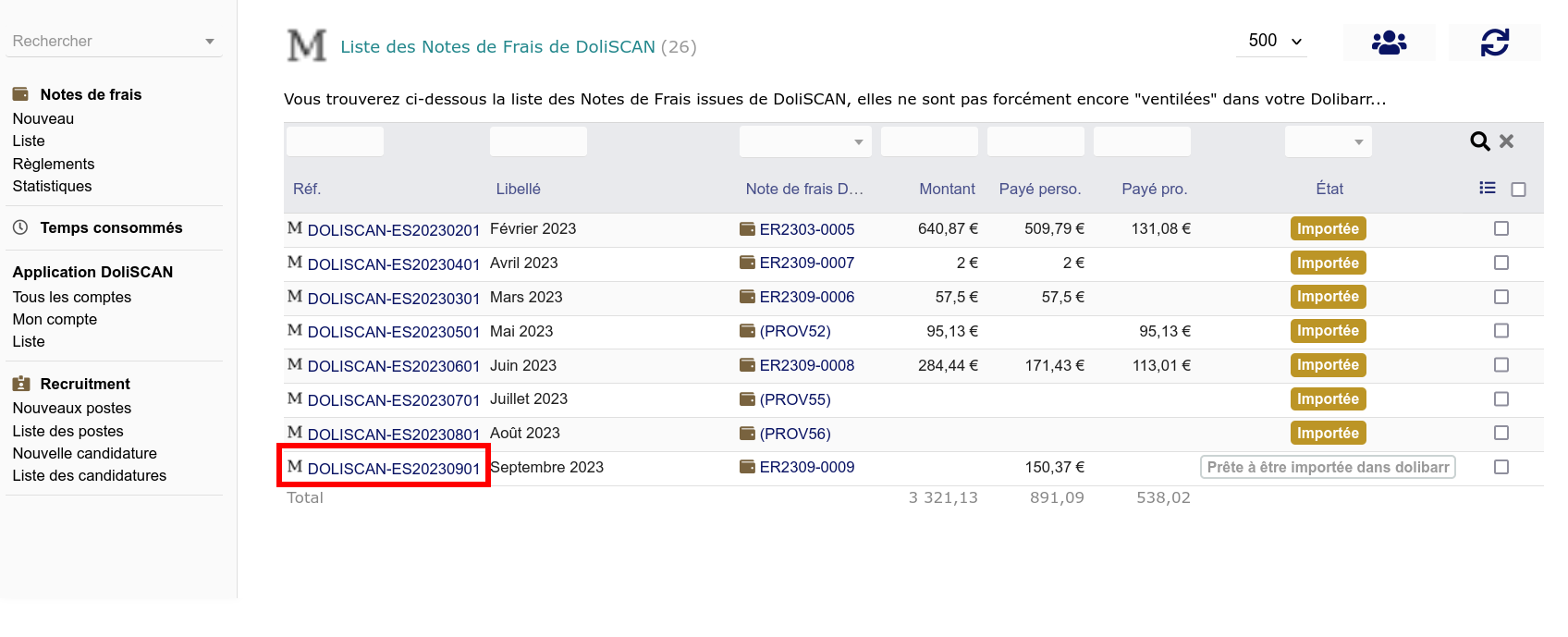À gauche le lien vers la fiche DoliSCAN