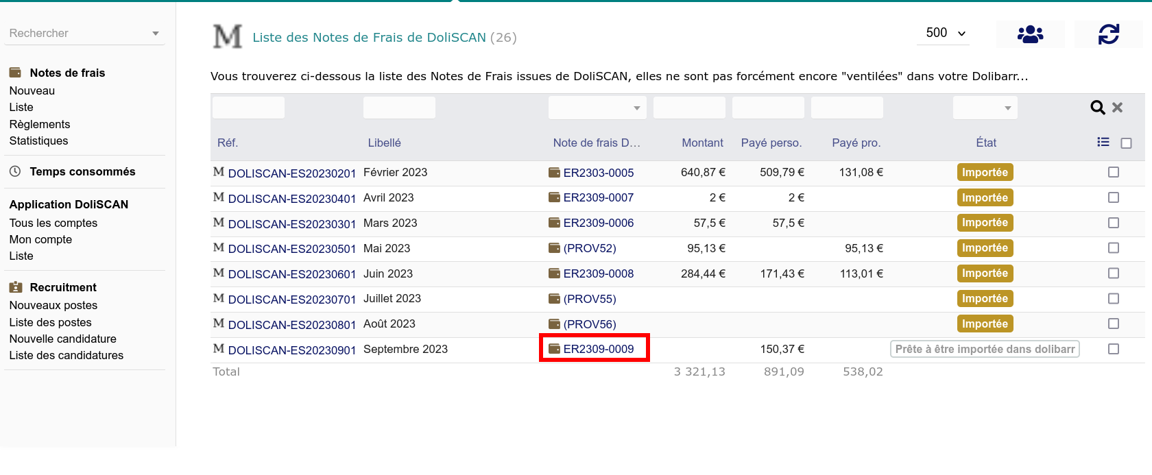 Et le lien vers la note de frais Dolibarr (provisoire par défaut, en attente de validation)