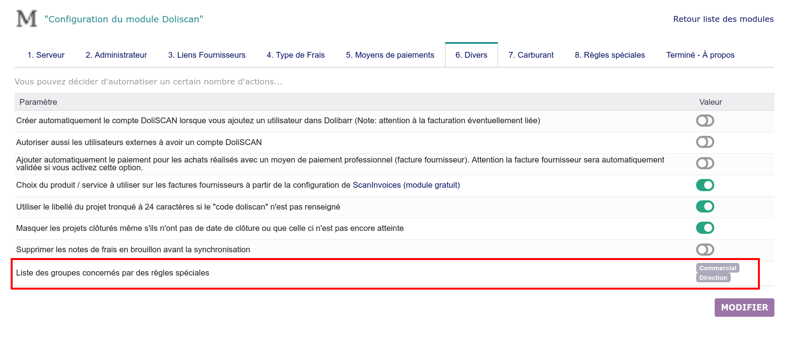 Choisissez les groupes d'utilisateurs concernés par des règles spéciales