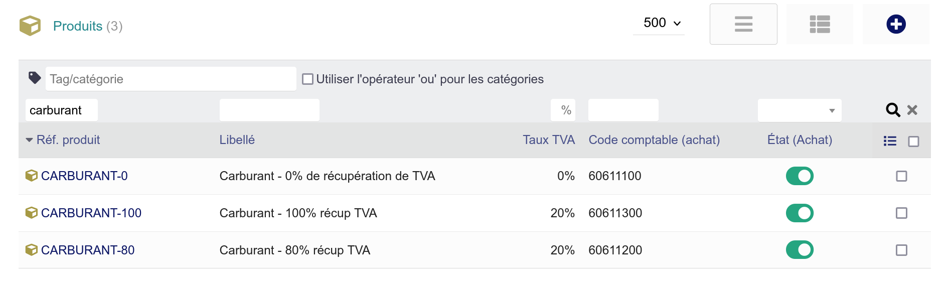 Liste des produits carburant dans la base article Dolibarr
