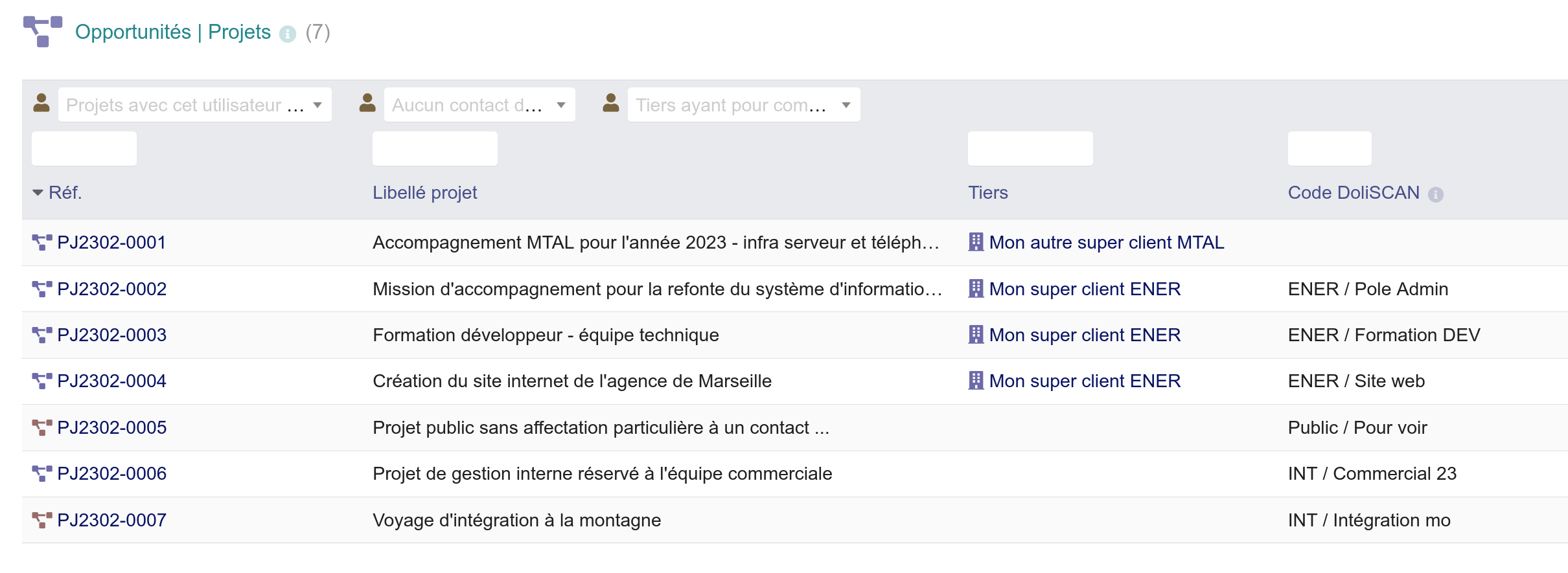 Liste de tous les projets, certains avec un code DoliSCAN, d'autres sans