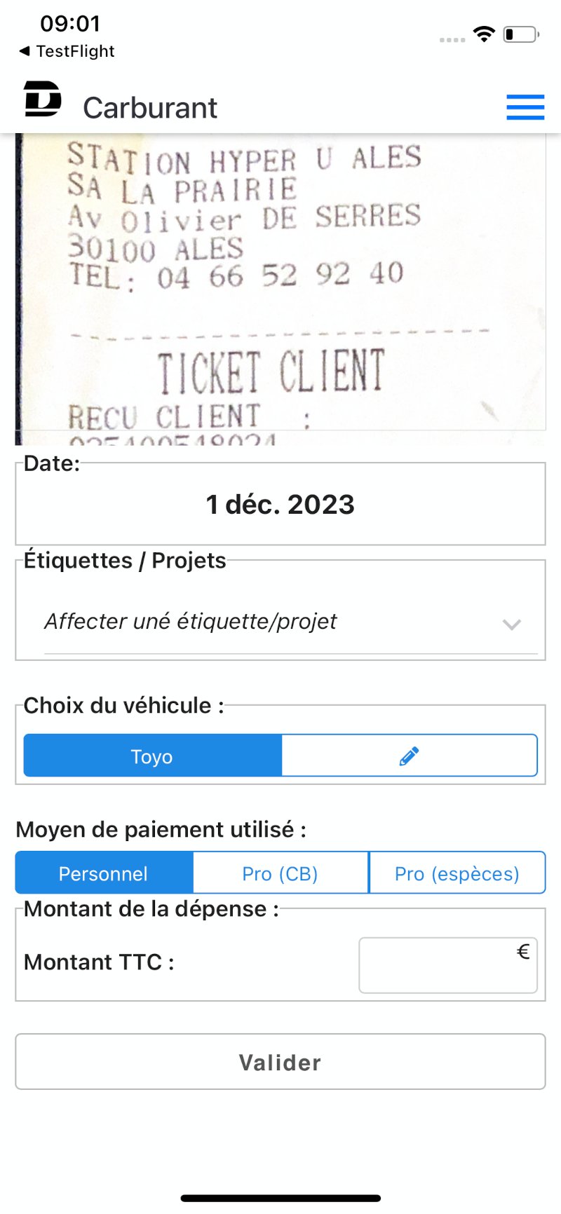 Retour dans DoliSCAN pour la suite de la saisie des informations