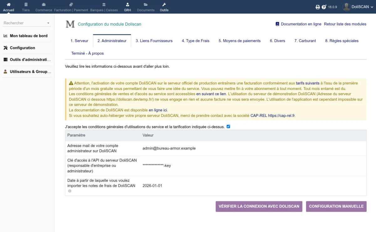 Onglet Administrateur d'un compte déjà configuré : rappel de la tarification, conditions générales acceptées, adresse du compte, clé d'accès masquée, date de début d'import, et boutons de vérification de la connexion et de configuration manuelle