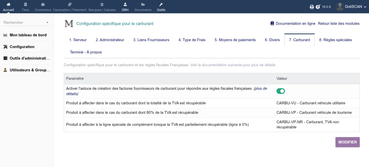 Onglet Carburant avec l'option d'activation des règles fiscales françaises et les trois produits à affecter