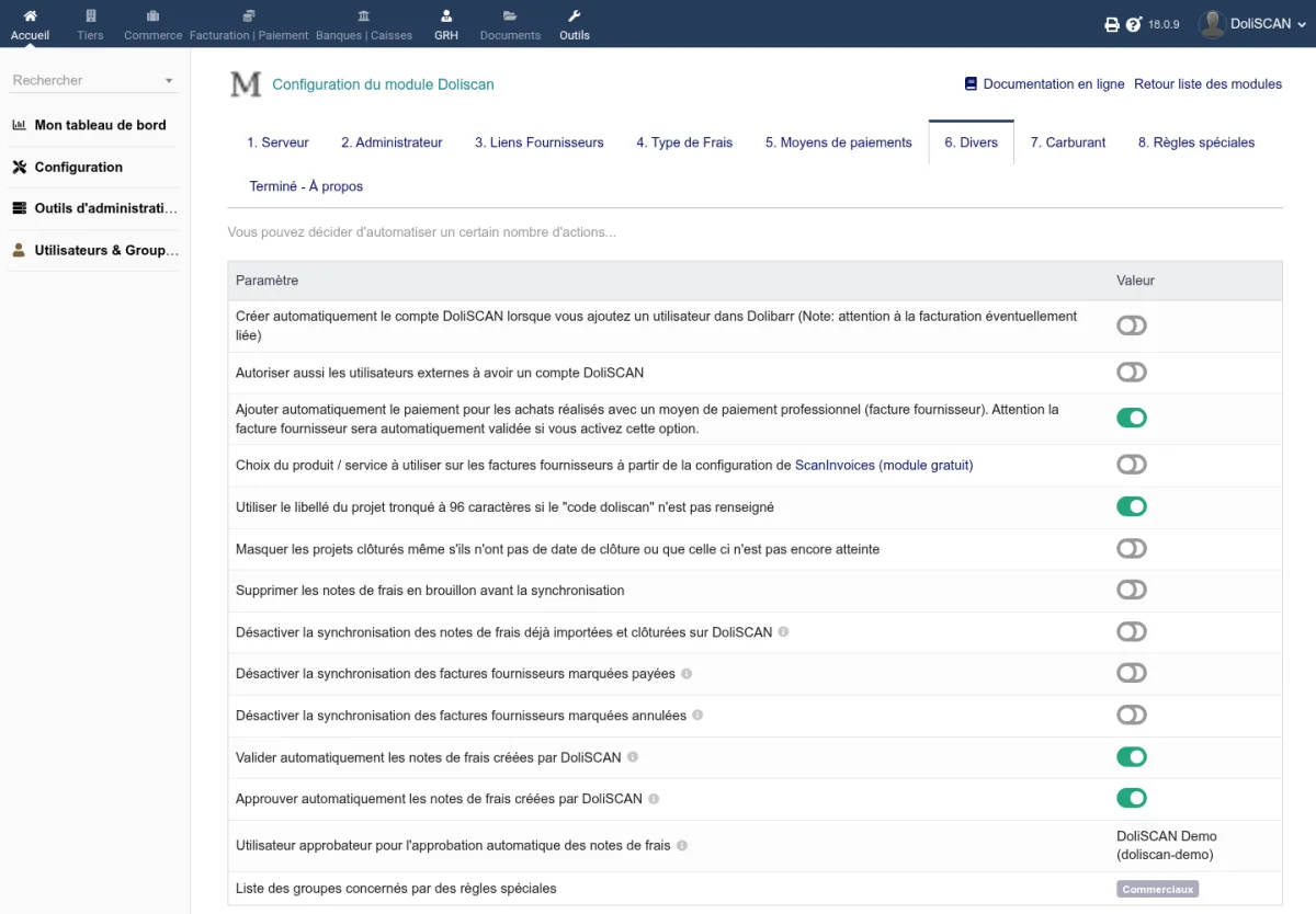 Onglet Divers avec la liste des options d'automatisation