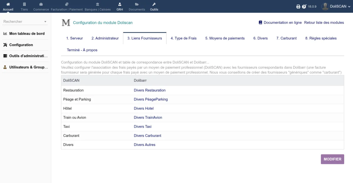 Association des types de frais professionnels avec les fournisseurs Dolibarr