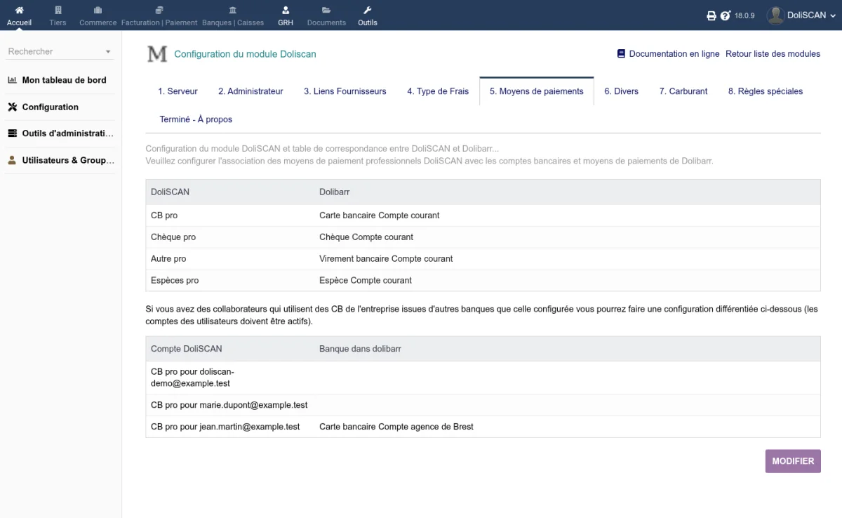 Onglet Moyens de paiements avec, pour chaque moyen de paiement professionnel DoliSCAN, un mode de règlement et un compte bancaire Dolibarr, puis le tableau par utilisateur