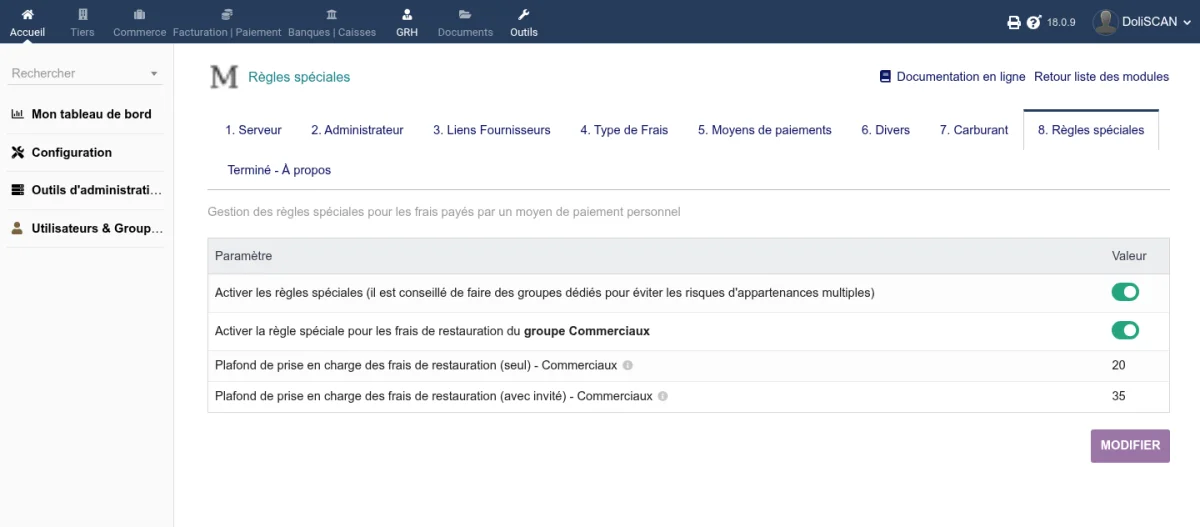 Onglet Règles spéciales avec l'activation générale et, pour un groupe, l'activation de la règle de restauration et les plafonds seul et avec invité