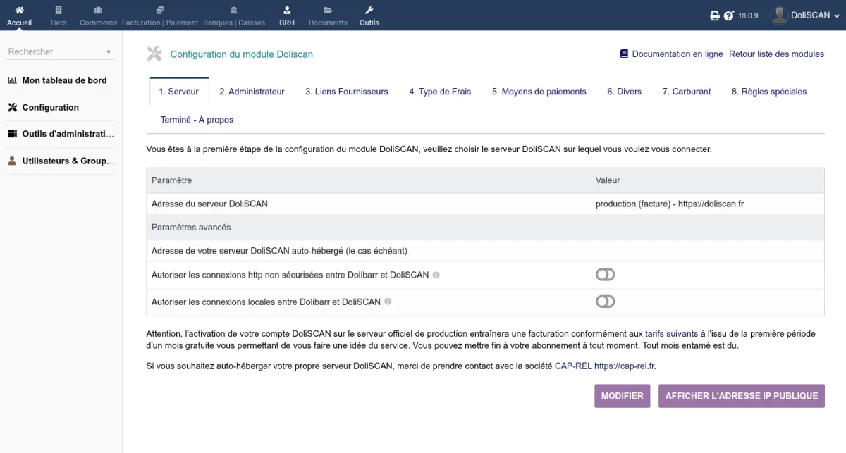 Onglet Serveur avec le choix du serveur DoliSCAN et les paramètres avancés