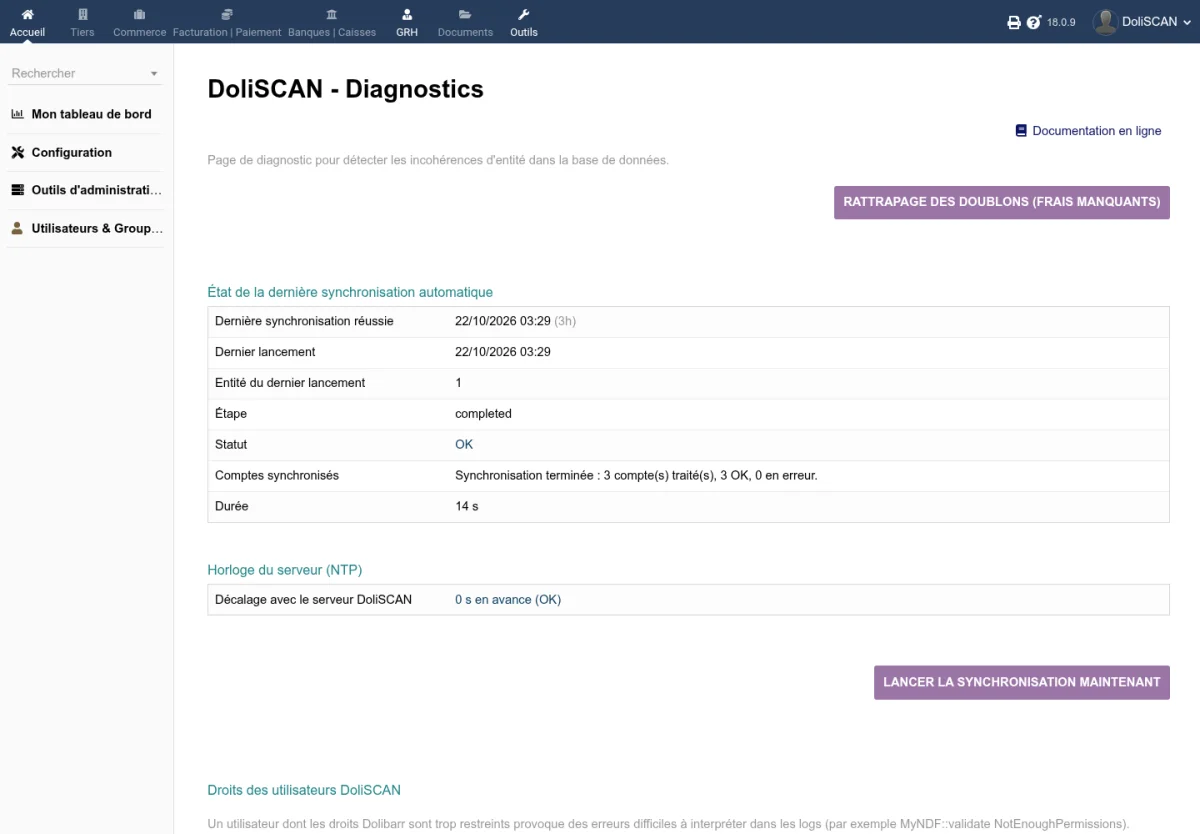 Haut de la page de diagnostic DoliSCAN : bouton de rattrapage, état de la dernière synchronisation automatique, horloge du serveur et bouton de synchronisation immédiate