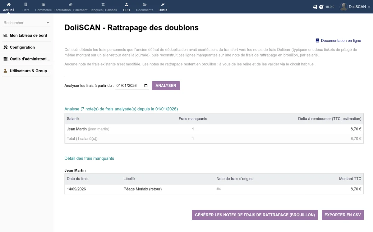Page de rattrapage DoliSCAN avec le tableau des salariés, le nombre de frais manquants et le montant estimé à rembourser