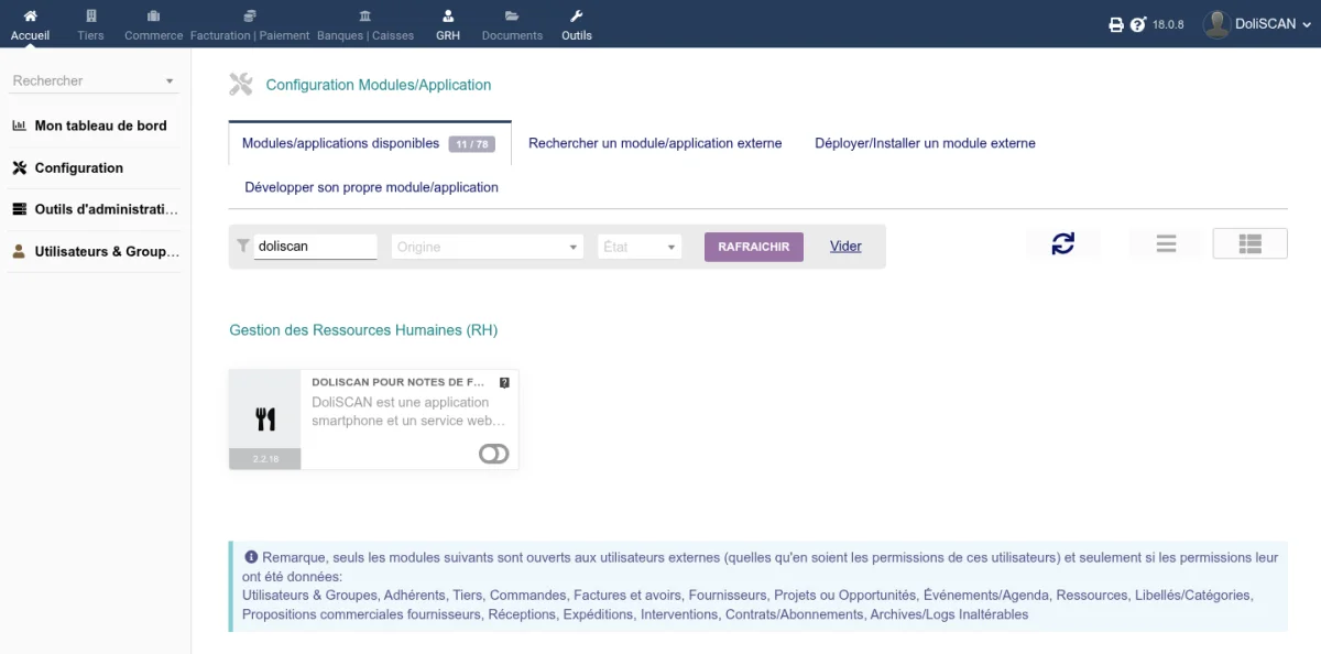Activation du module DoliSCAN dans la liste des modules Dolibarr