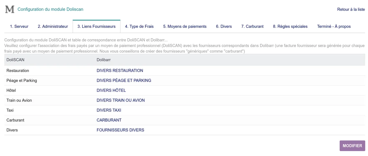 Association des types de frais professionnels avec les fournisseurs Dolibarr