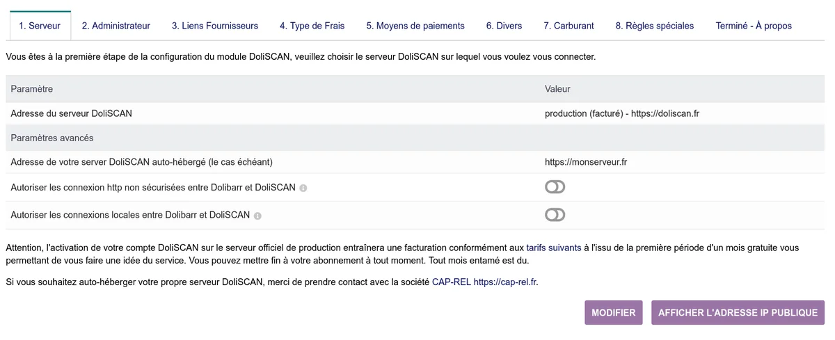 Onglets de configuration du module DoliSCAN