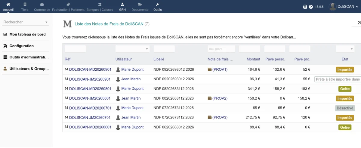 Liste des notes de frais DoliSCAN avec les colonnes référence, utilisateur, libellé, note de frais Dolibarr, montants et état