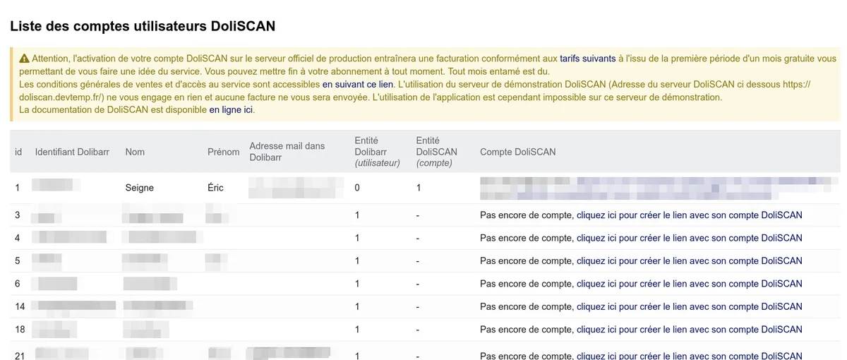 Liste de tous les comptes DoliSCAN avec les colonnes identifiant, nom, email et entité