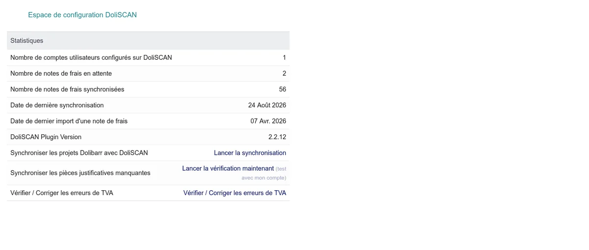 Page d'accueil du module DoliSCAN dans Dolibarr avec les statistiques de synchronisation