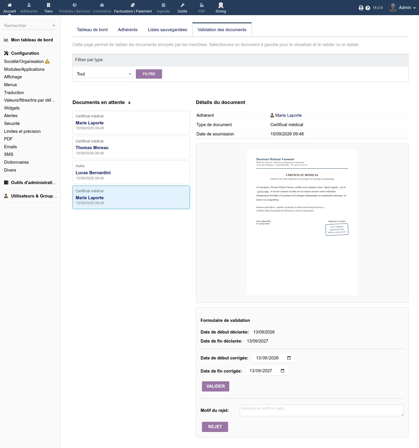Validation d'un certificat dans le backoffice Dolibarr