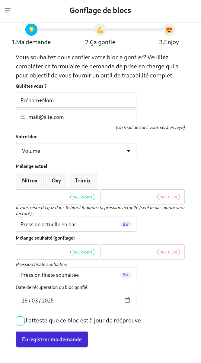 Interface complète de demande de gonflage après scan du QR code