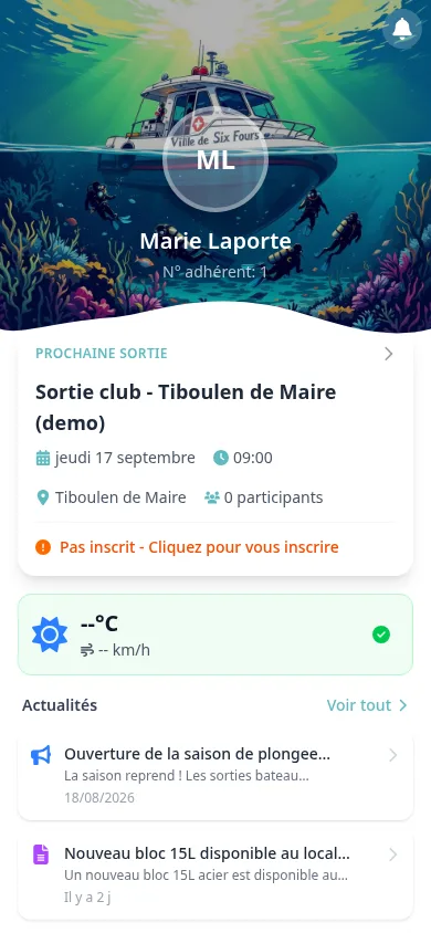 Écran d'accueil de l'application