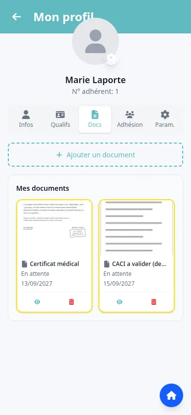 Liste des documents du membre avec leur statut