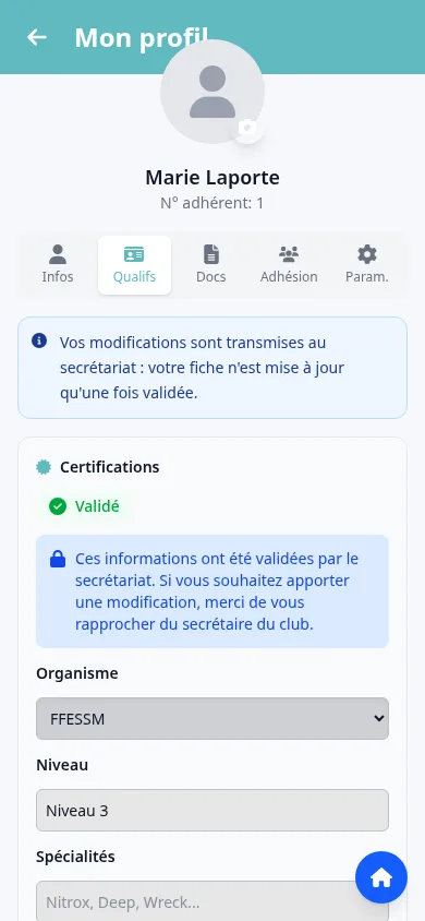 Onglet des qualifications du profil