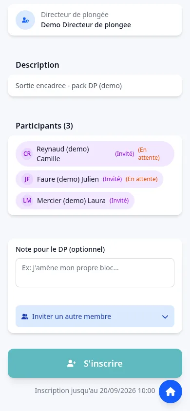 Détail d'une sortie avec le bouton S'inscrire