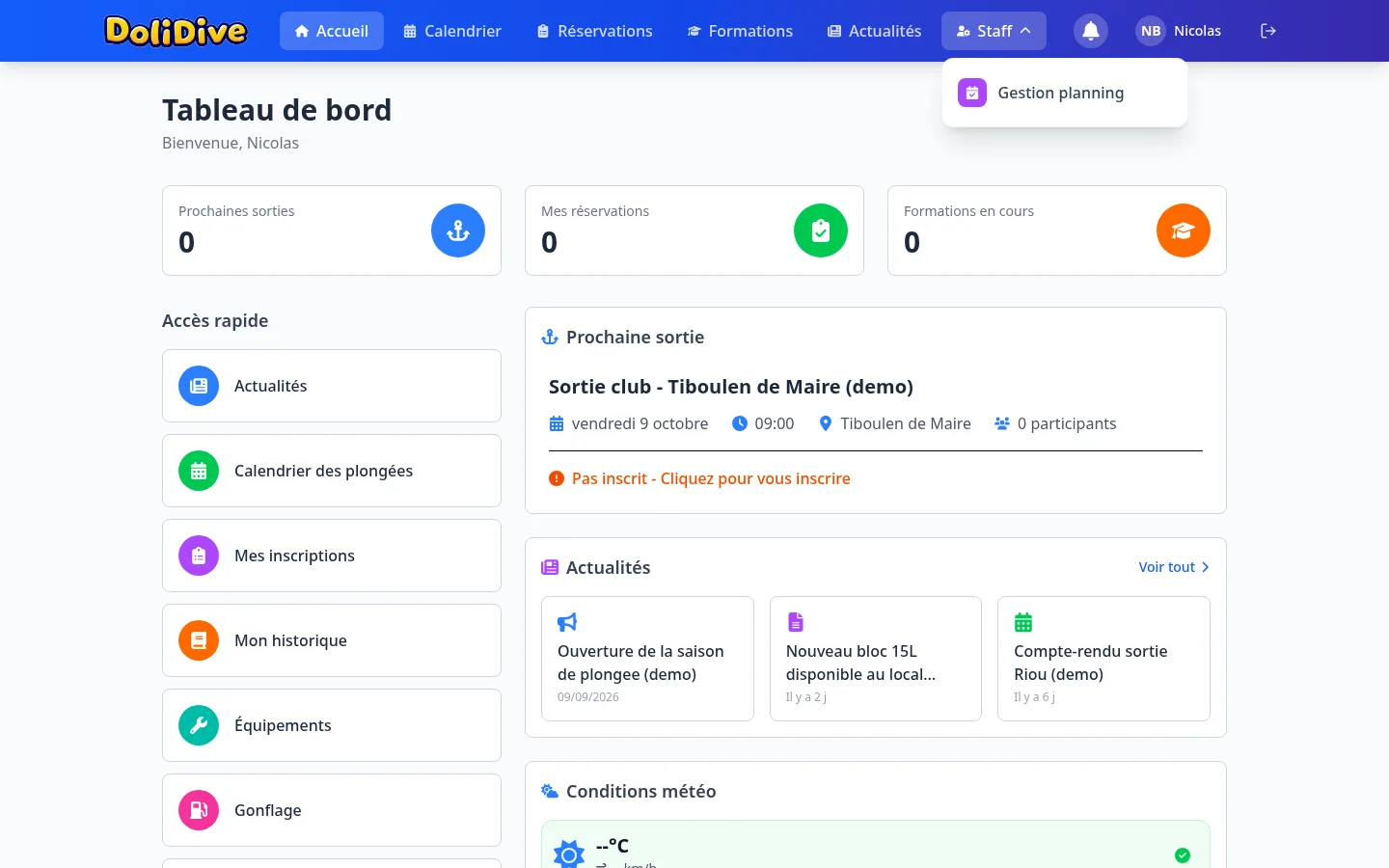Le menu Staff de l'application