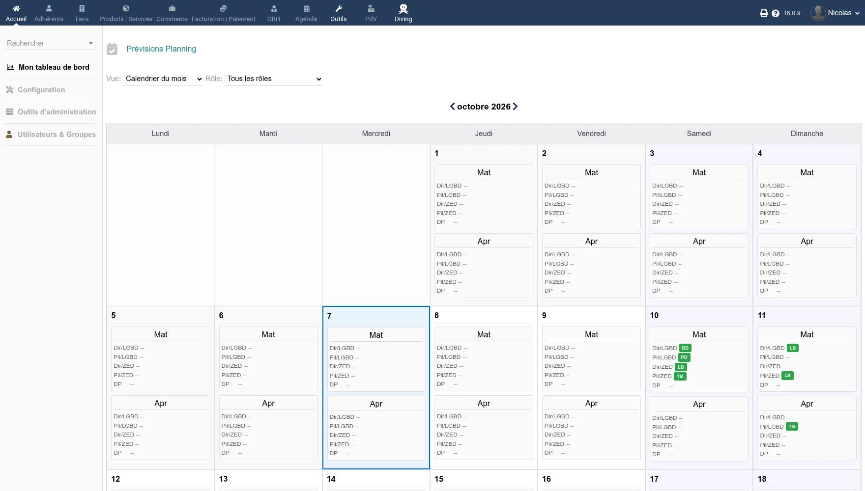 Le calendrier du mois dans le backoffice