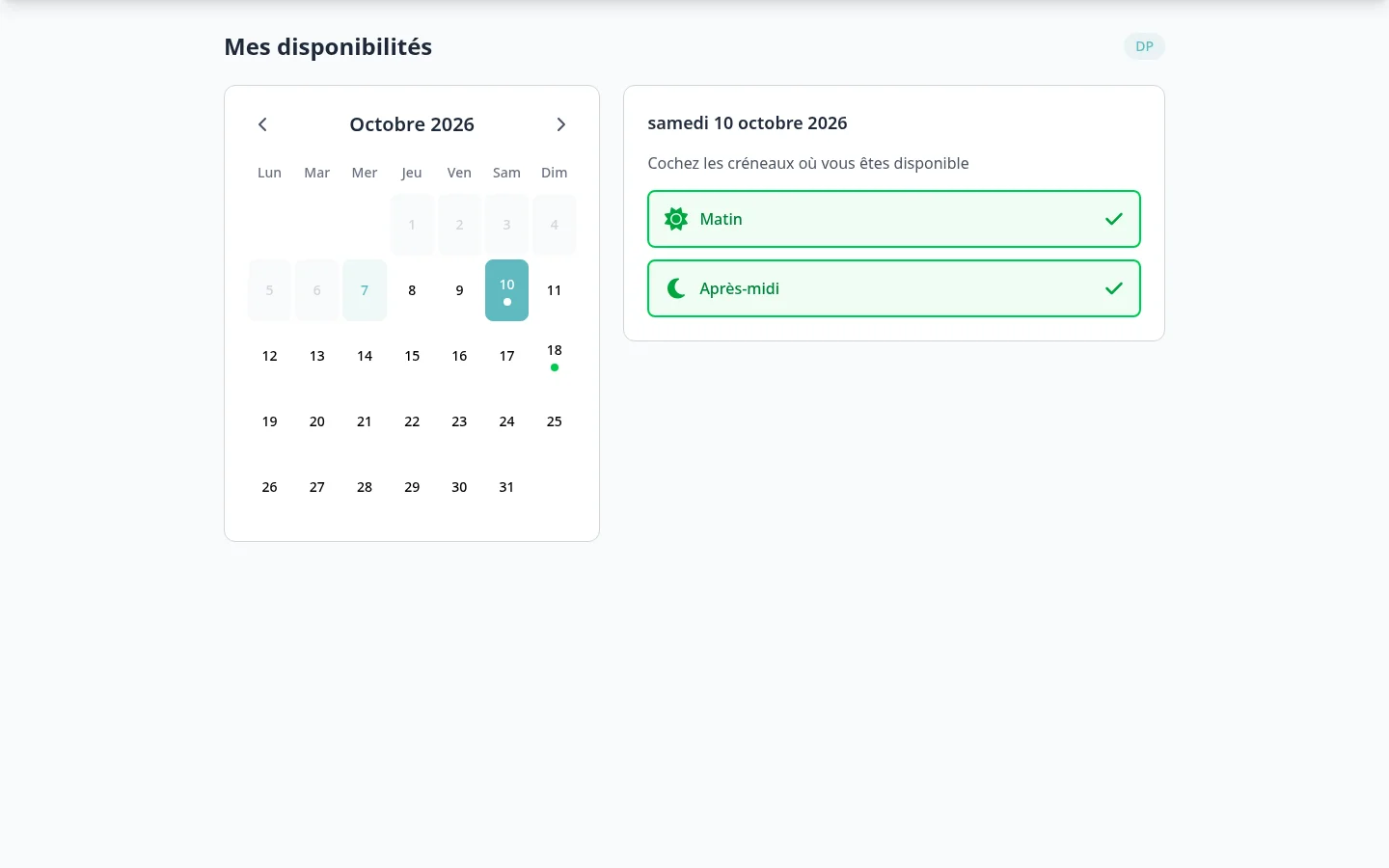 Un DP déclare ses disponibilités d'un samedi