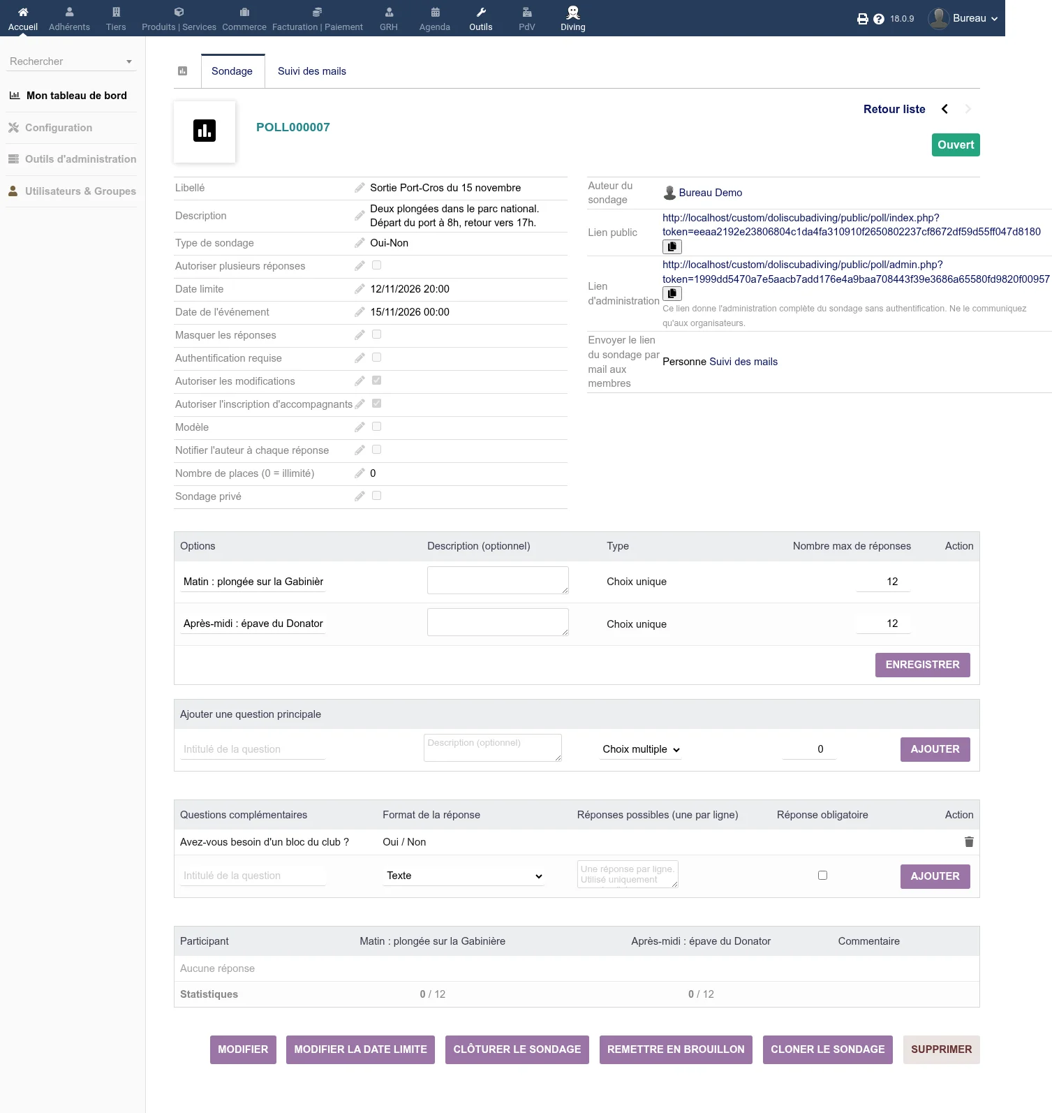 La fiche du sondage dans le backoffice