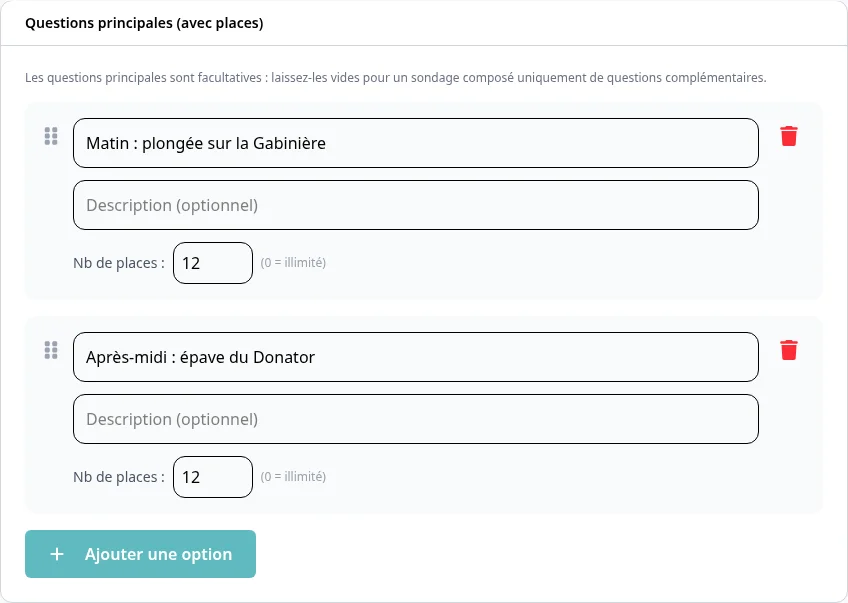 Deux questions principales avec 12 places chacune
